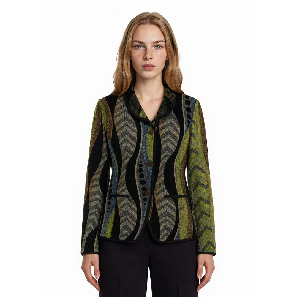 John Mark Jacket Women's Size Large Green Abstract Chevron Art Wear Open Blazer